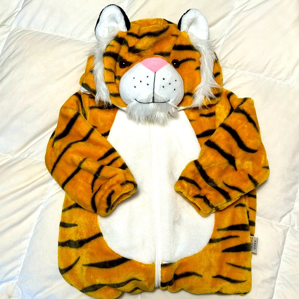 Plush tiger hooded toddler Halloween costume.